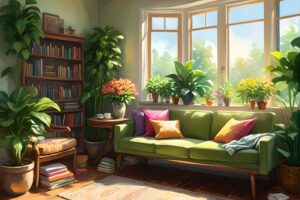 A sunlit living room with a comfortable sofa, colorful cushions, fresh flowers, and a houseplant, evoking a sense of serenity and relaxation.