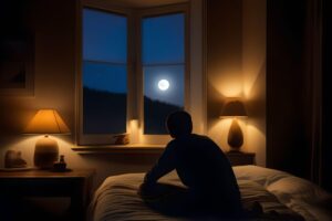 A person with autism awake in bed, surrounded by books on sleep disorders. They gaze upwards with a restless expression, seeking comfort in a dimly lit bedroom.