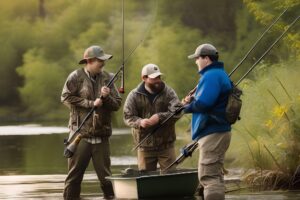 A group of individuals with autism engaged in either hunting or fishing together, sharing camaraderie and connection amidst the beauty of the outdoors. This image emphasizes the social aspect of these activities, portraying the sense of belonging and support that can be found within the autism community while enjoying nature.